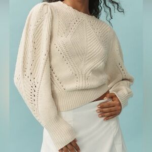 Anthropologie Soft & Cozy Fine Pointelle Scalloped Cream Sweater